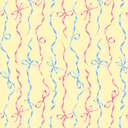 Yellow fabric with pink and blue vertical ribbons with bows