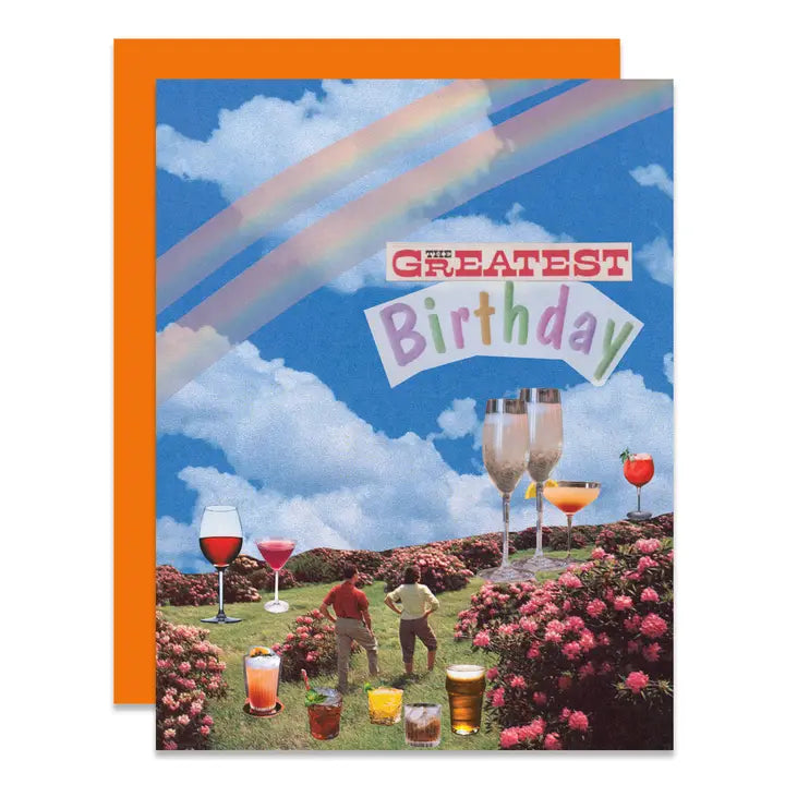 Greeting card with 'The Greatest Birthday' text, people enjoying drinks in a garden, and rainbow in the sky.