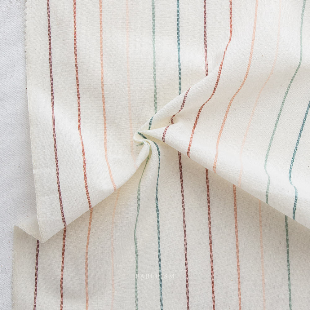 Close-up of striped fabric with multicolor lines on a white background