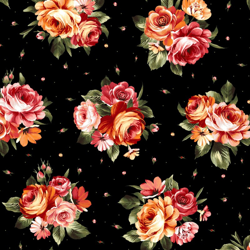 Black fabric with bouquets of red and orange roses