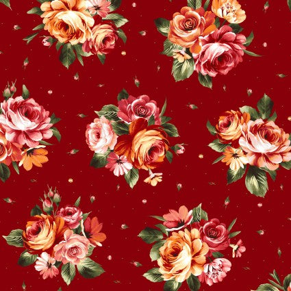 Red fabric with bouquets of red and orange roses