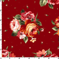 Close up view of one bouquet of roses on a red fabric