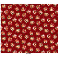 View of the full width of the red fabric with bouquets of red roses