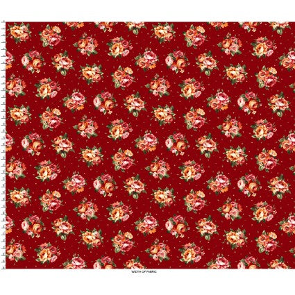 View of the full width of the red fabric with bouquets of red roses