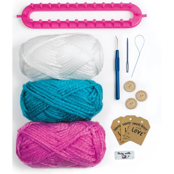 Content of the kit including yarn, loom, hook, buttons, sewing needle, needle threader, gift tags and patch