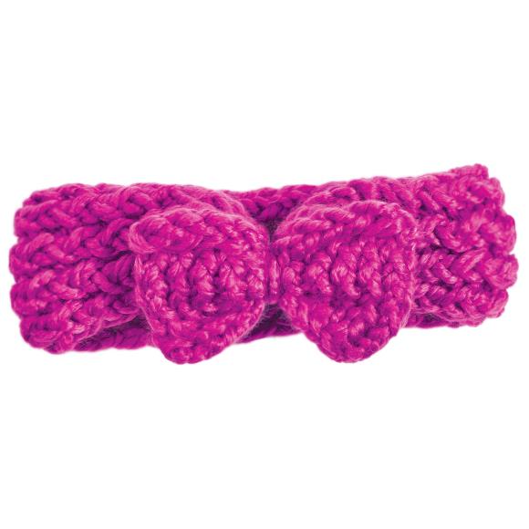 Finished headband in pink yarn with a bow