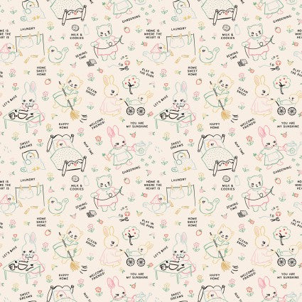 Light fabric with multicolor bunnies doing chores with the chores written out in between