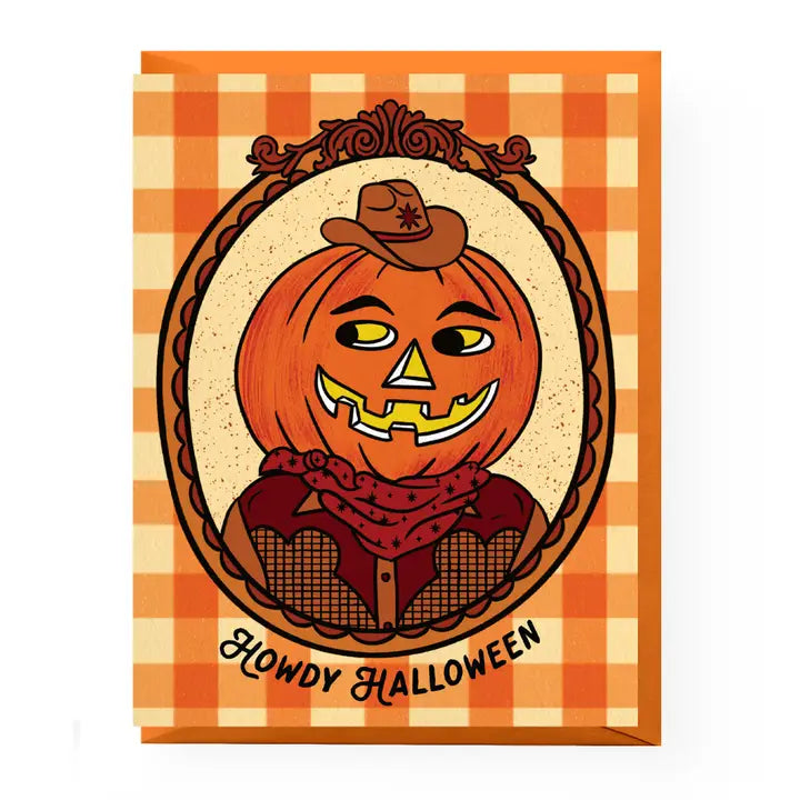 Pumpkin with a cowboy hat and bandana on an orange and beige checkered background with 'Howdy Halloween' text.
