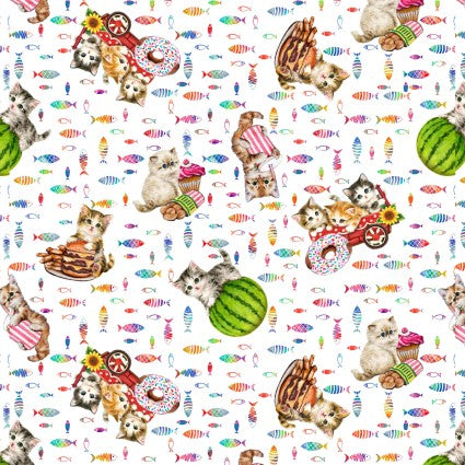 White fabric with cats on carts, on watermelons with multicolor fish and varied baked goods