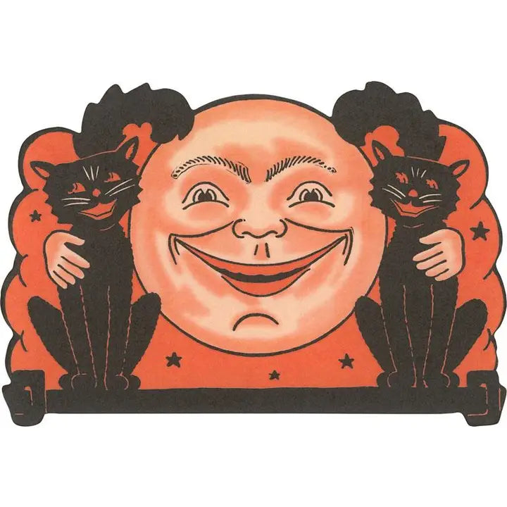 Halloween-themed sticker with a smiling moon face hugging 2 black cats on an orange background.