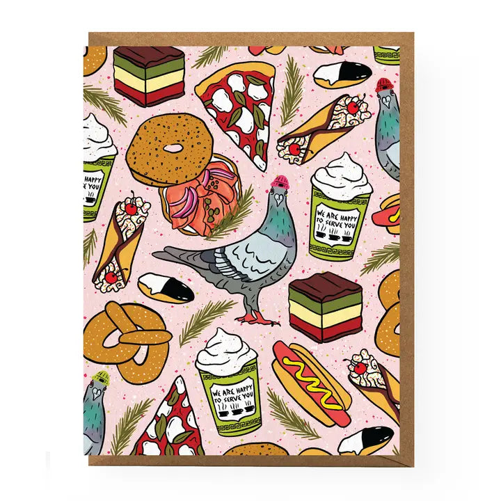 Card with NYC icons, piegon, hot dog, pizza, ect
