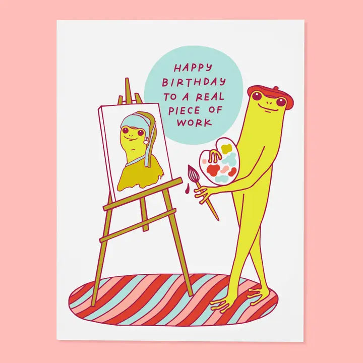 Illustration of a character painting a portrait with a humorous birthday message on a pink background.