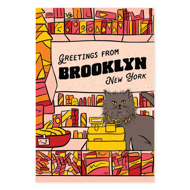 Post card with a cat illustration and 'Greetings from Brooklyn New York' text on a colorful background.