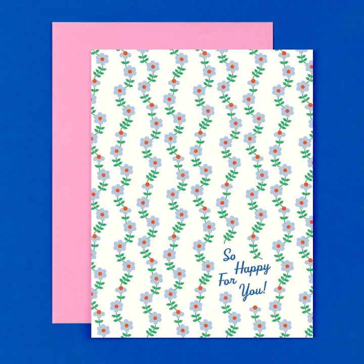 Floral patterned card with 'So Happy For You!' text on a blue background
