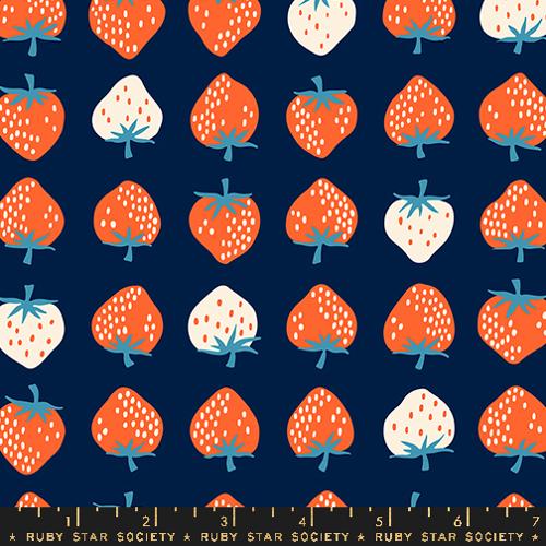 Navy fabric with white and red strawberries
