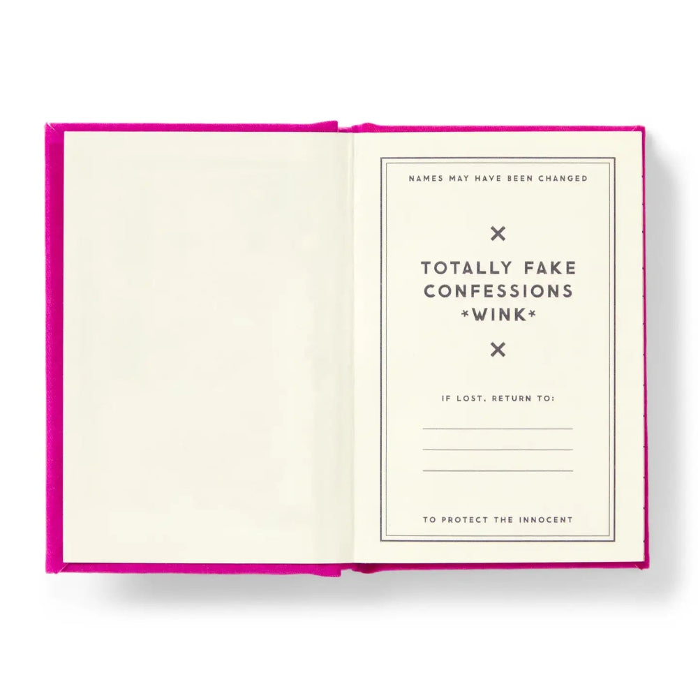 Open book with a pink cover displaying text about 'Totally Fake Confessions'.