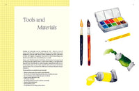 Art supplies including paintbrushes, watercolor pan set, and paint tubes on a white background with text.