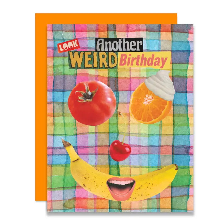 Colorful birthday card with fruit faces on a checkered background