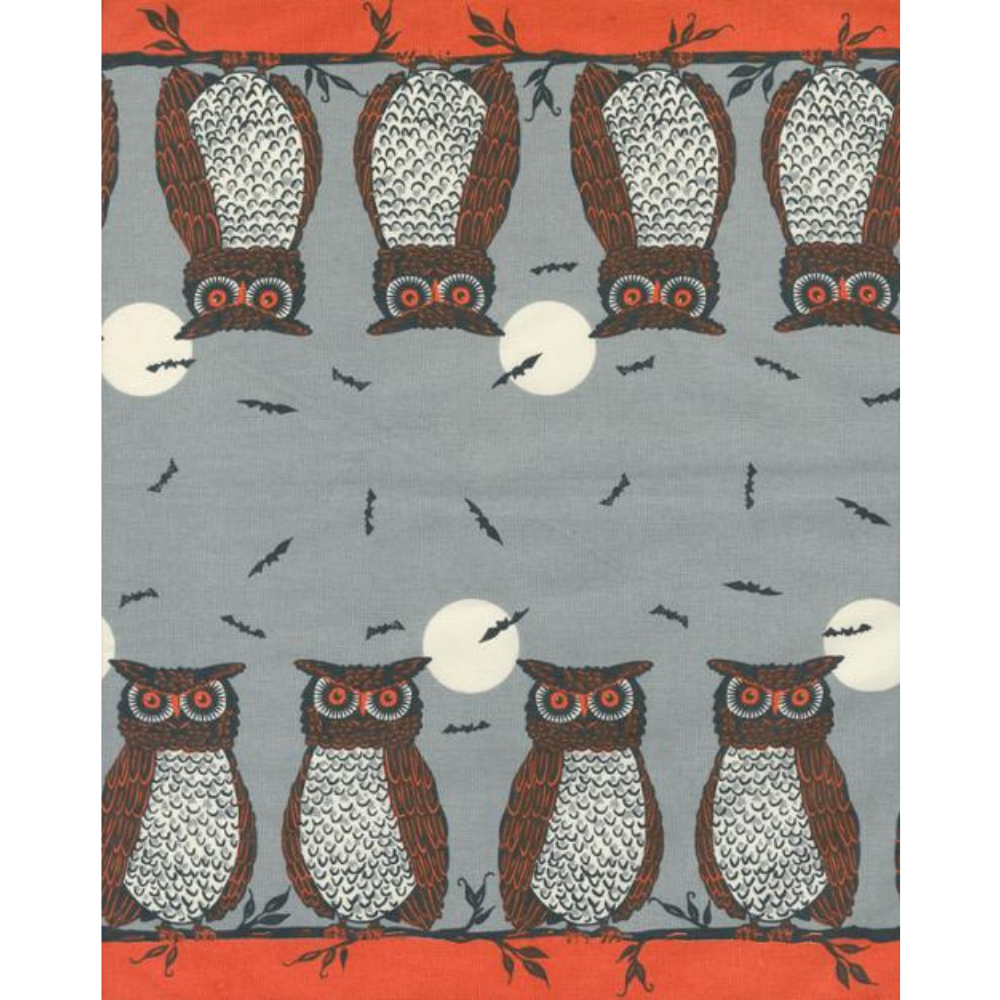 Patterned fabric with owls and bats on a gray background