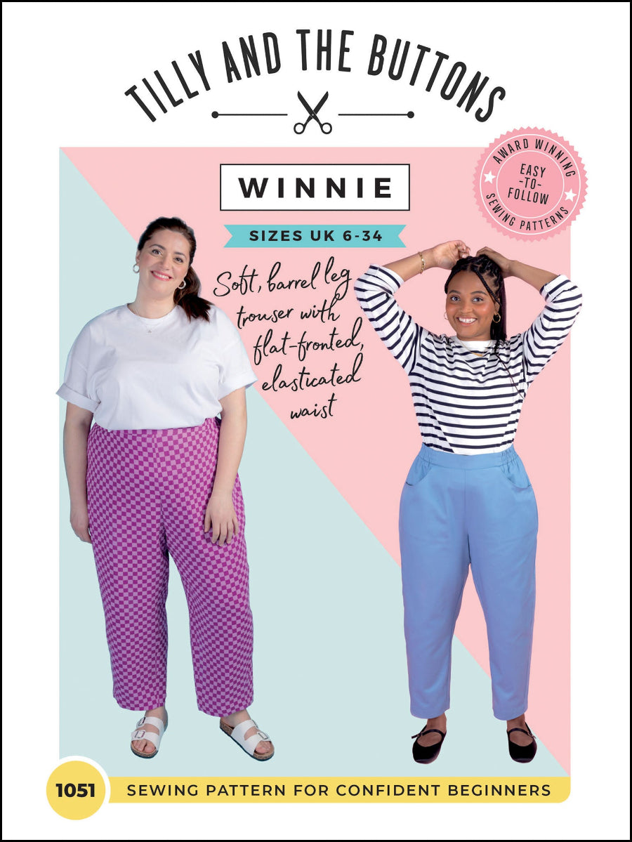 Pattern cover of 'Tilly and the Buttons Winnie' sewing pattern with two models wearing pants.