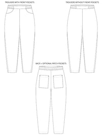 Technical drawing of trousers with and without front pockets on a white background