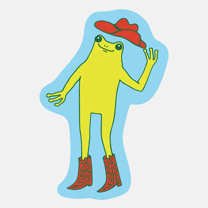 Colorful illustration of a frog wearing a red hat and boots on a light blue background