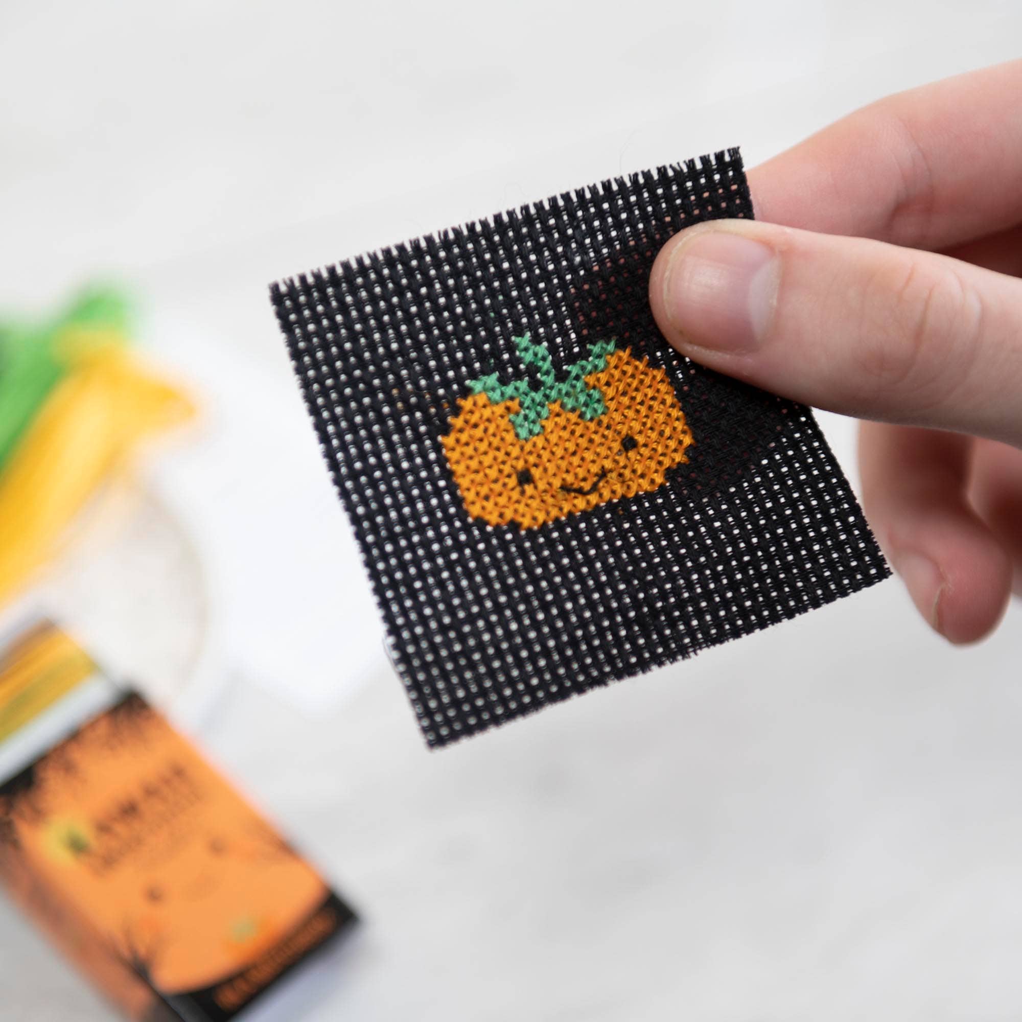 Kawaii Halloween Pumpkin Cross Stitch Kit in a Matchbox Ornament Marvling Bros Ltd