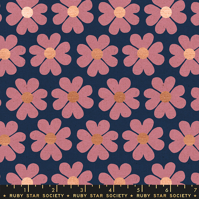 Unruly Nature Heart Flower Linen Canvas by Ruby Star Society in Metallic Navy