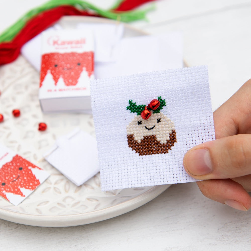 Kawaii Christmas Pudding Cross Stitch Kit in a Matchbox