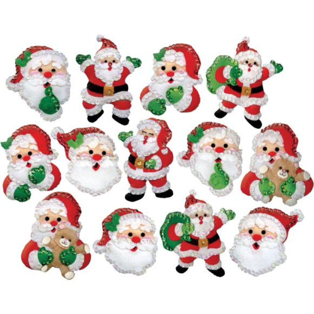 Felted and beaded santa ornaments on a white background