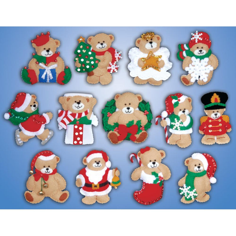 Collection of Christmas-themed teddy bears in various outfits on a blue background