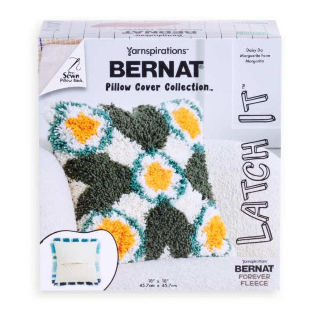 Bernat pillow cover latch it collection packaging with floral design