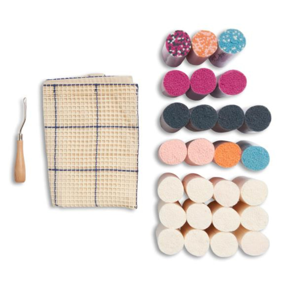 Contents of the kit including canvas, latch hook and yarn on a white background