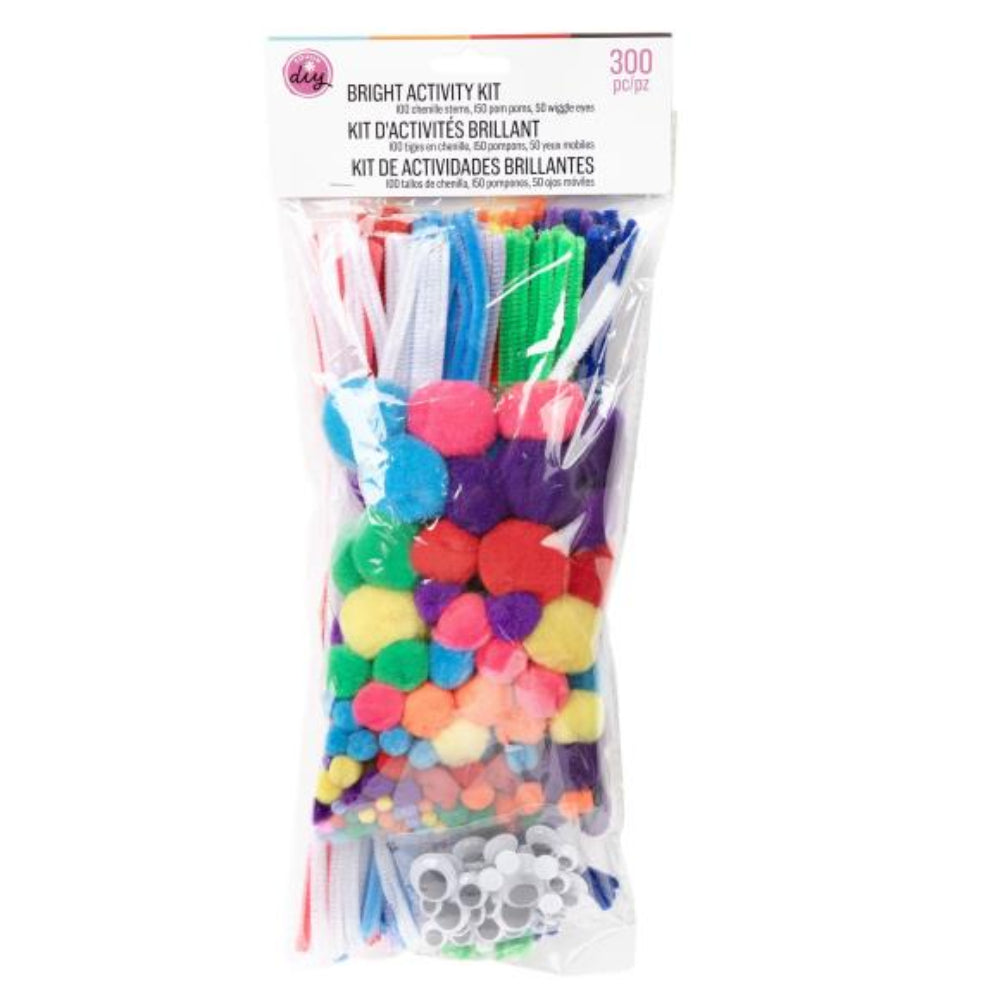 Bright activity kit with colorful pom-poms and pipe cleaners in packaging on a white background