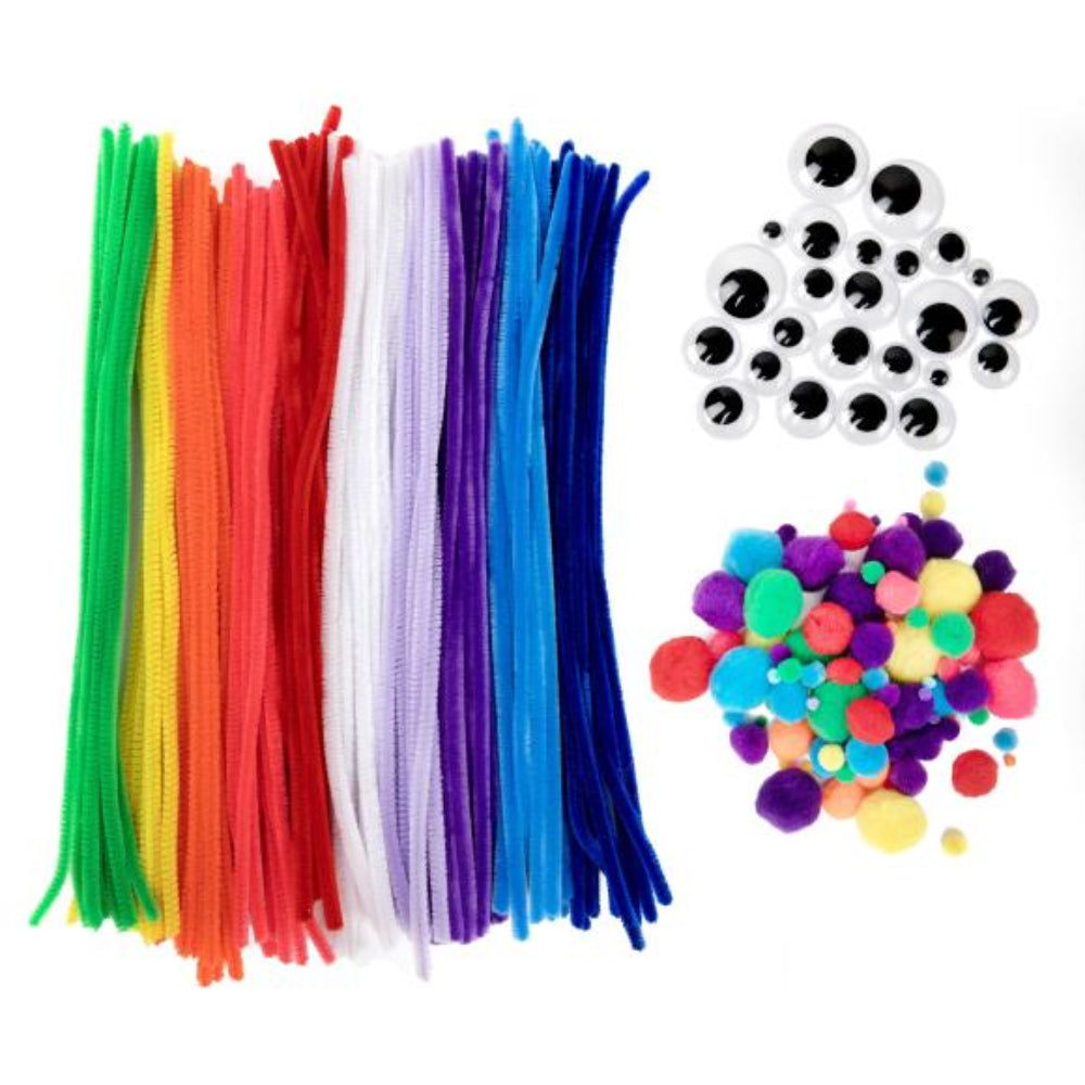 Assorted craft supplies including colorful pipe cleaners, googly eyes, and pom-poms on a white background.