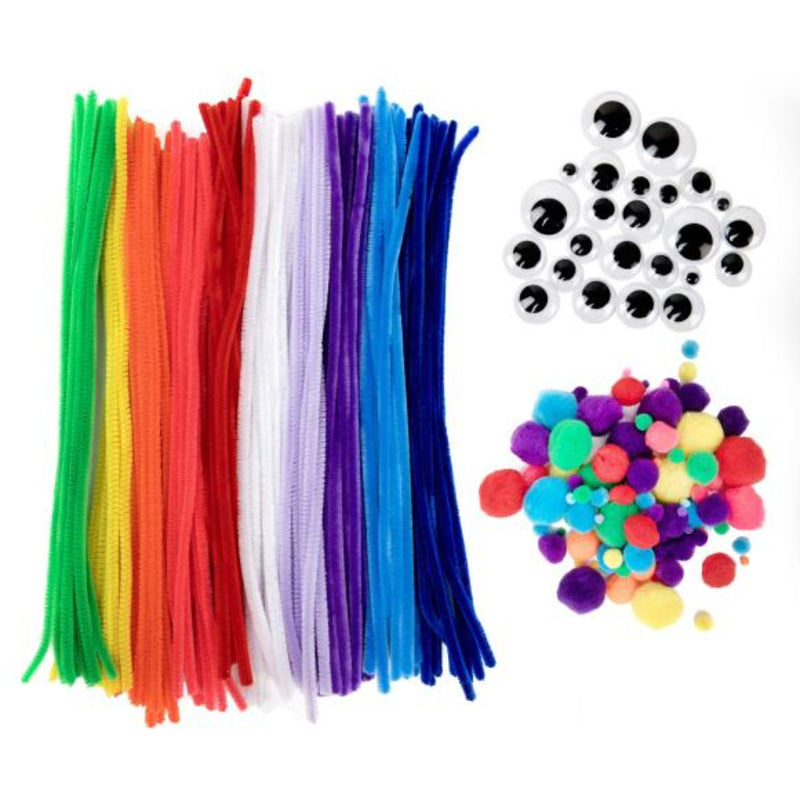 Assorted craft supplies including colorful pipe cleaners, googly eyes, and pom-poms on a white background.