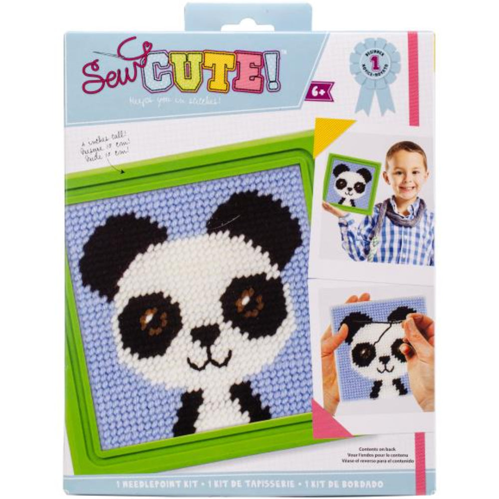 Sew Cute! needlepoint kit packaging with panda design and child using the kit.