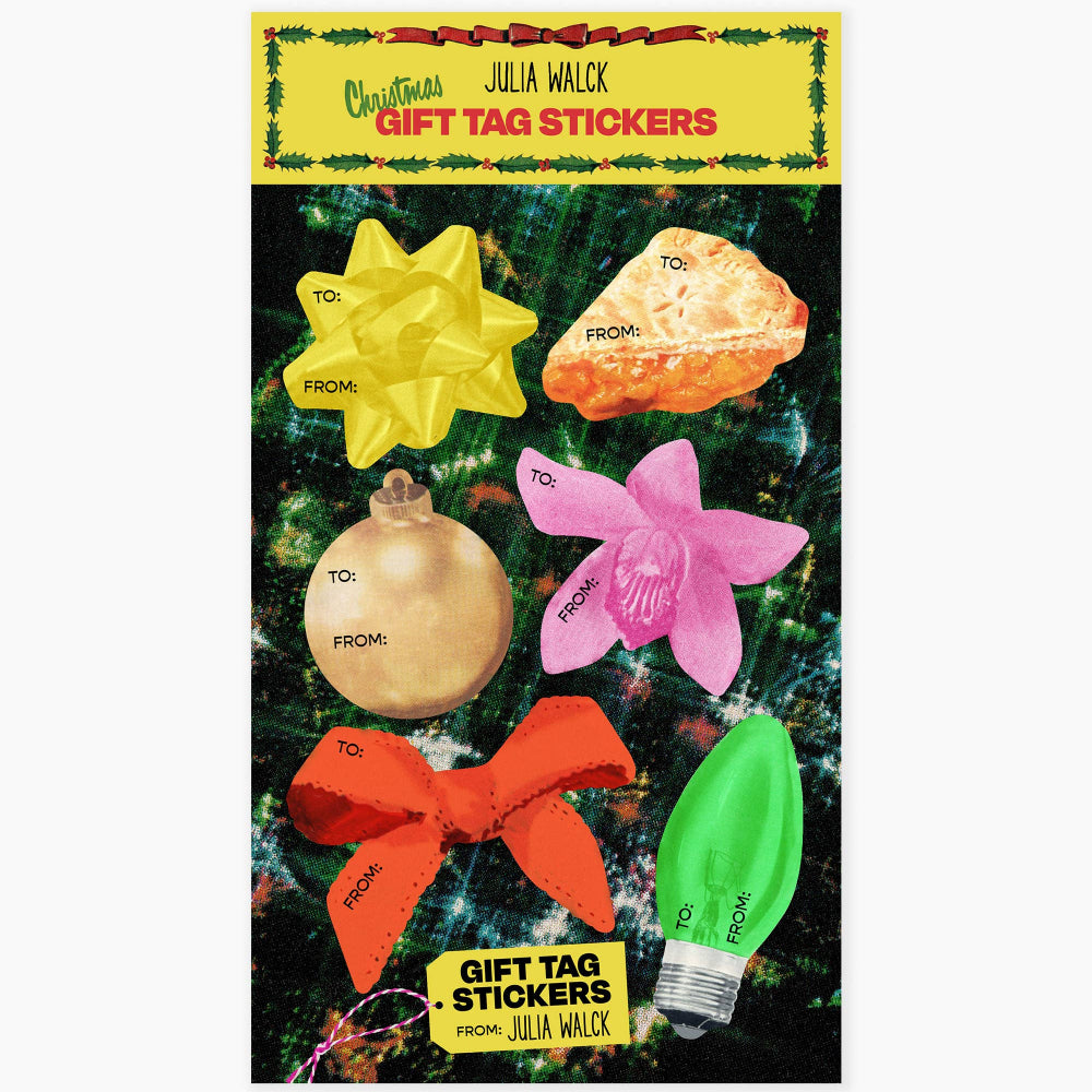 Packaging of Christmas gift tag stickers with colorful designs on a festive background.