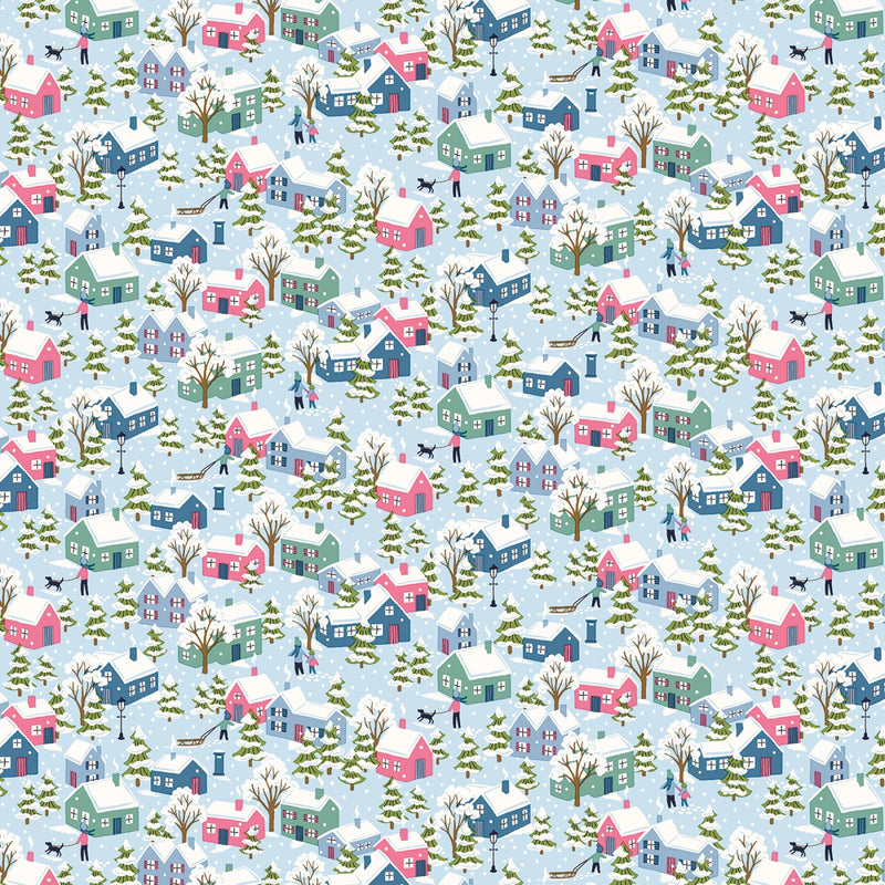 Pattern of small houses and trees on a blue background