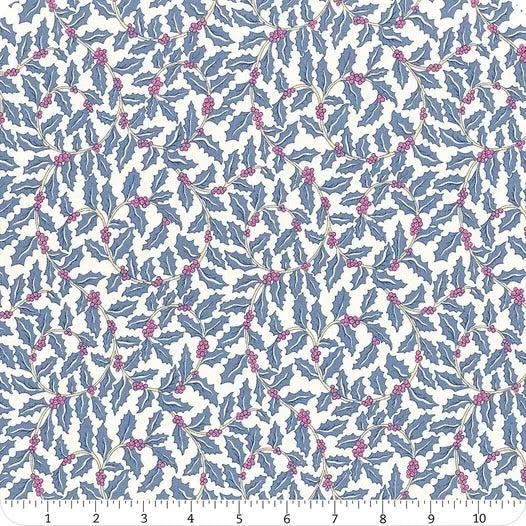 Pattern of blue holly leaves and pink berries on a white background with a ruler at the bottom.
