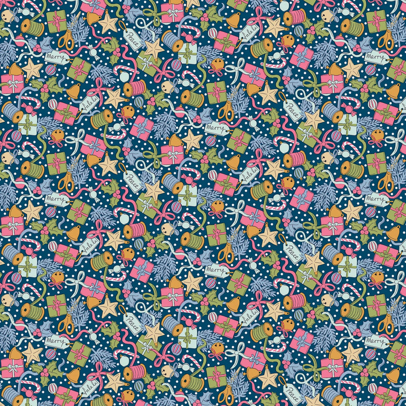 Colorful Christmas-themed pattern with presents, stars, and candy on a blue background.