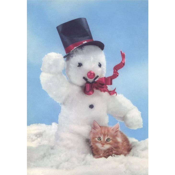 Snowman and Kitten Card Greeting Cards Found Image Press