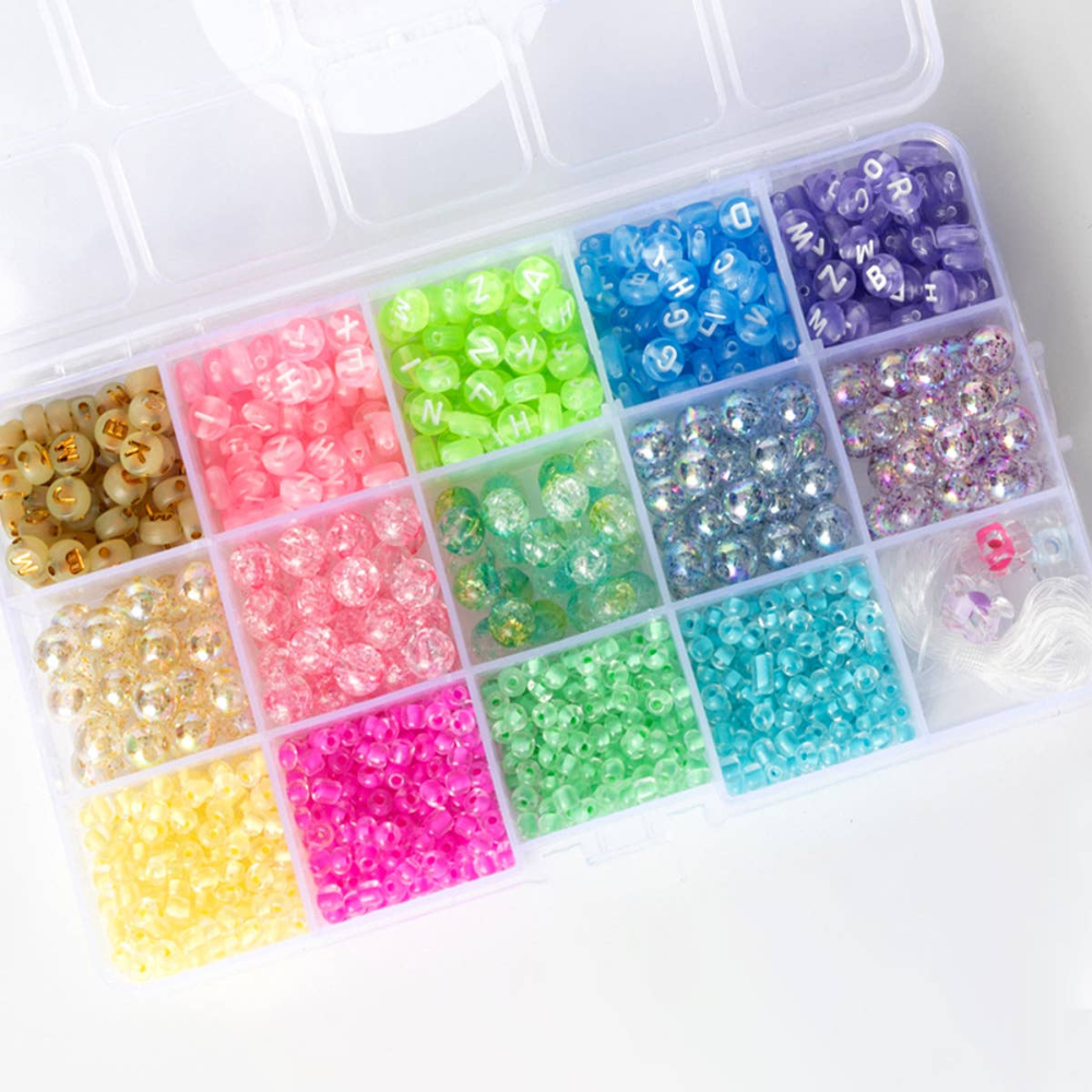 box with built in compartments for different brightly colored beads.