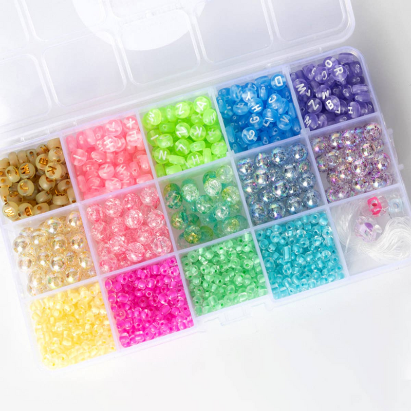 box with built in compartments for different brightly colored beads.
