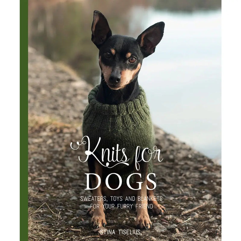 Dog wearing a green sweater with 'Knits for Dogs' book cover
