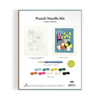 Punch needle kit packaging with illustrations of a dog and flowers, and a pen on a white background.