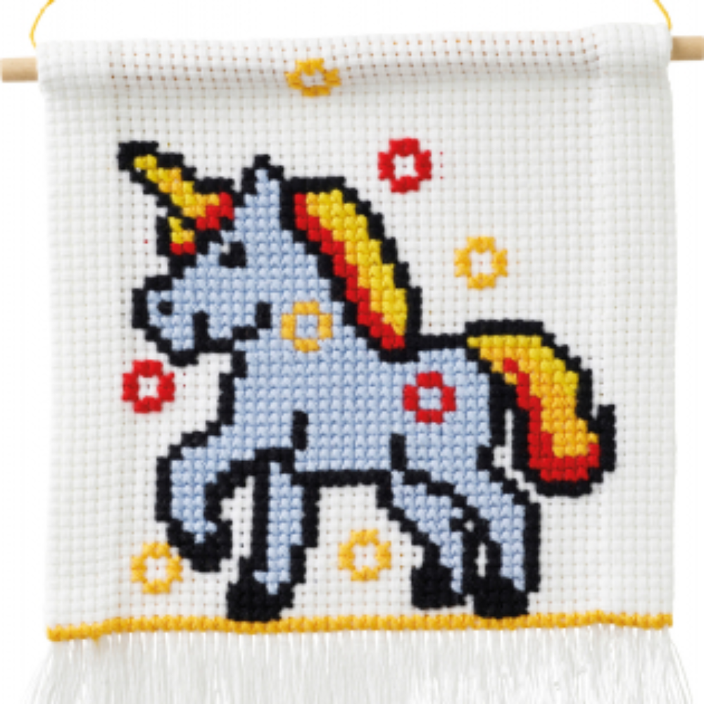 Cross stitch kit showing a white unicorn with red and yellow mane and tail.