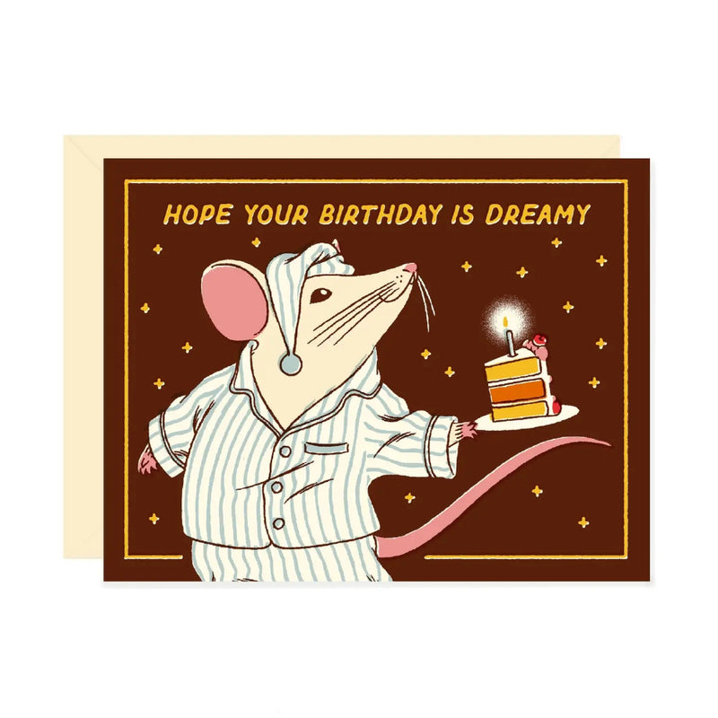 Mouse in pyjama's holding out a slice of cake on a brown starry background with a birthday message