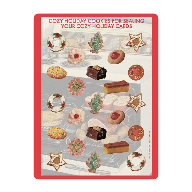 Decorative card with holiday cookies and text on a white background
