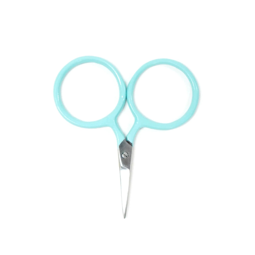 Pair of light blue-handled scissors on a white background